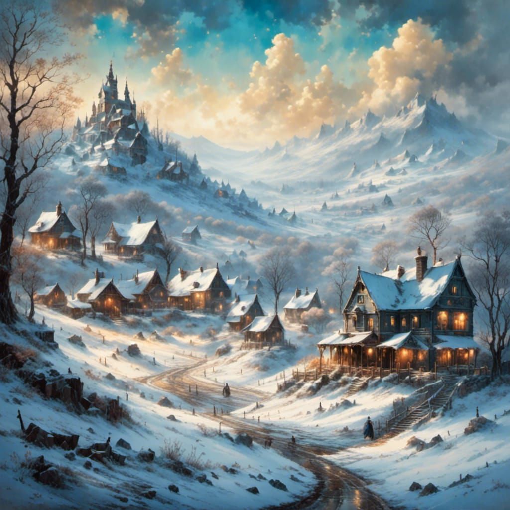 Winter Village in Snowy Valley: Watercolor Landscape