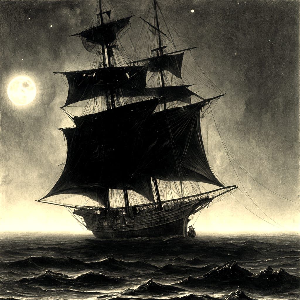 Ghostly Pirate Ship Emerges from Moonlit Fog