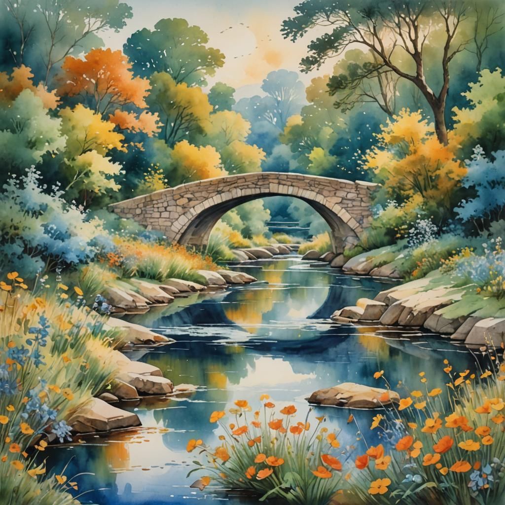 Old Stone Bridge with Wildflowers in Watercolour