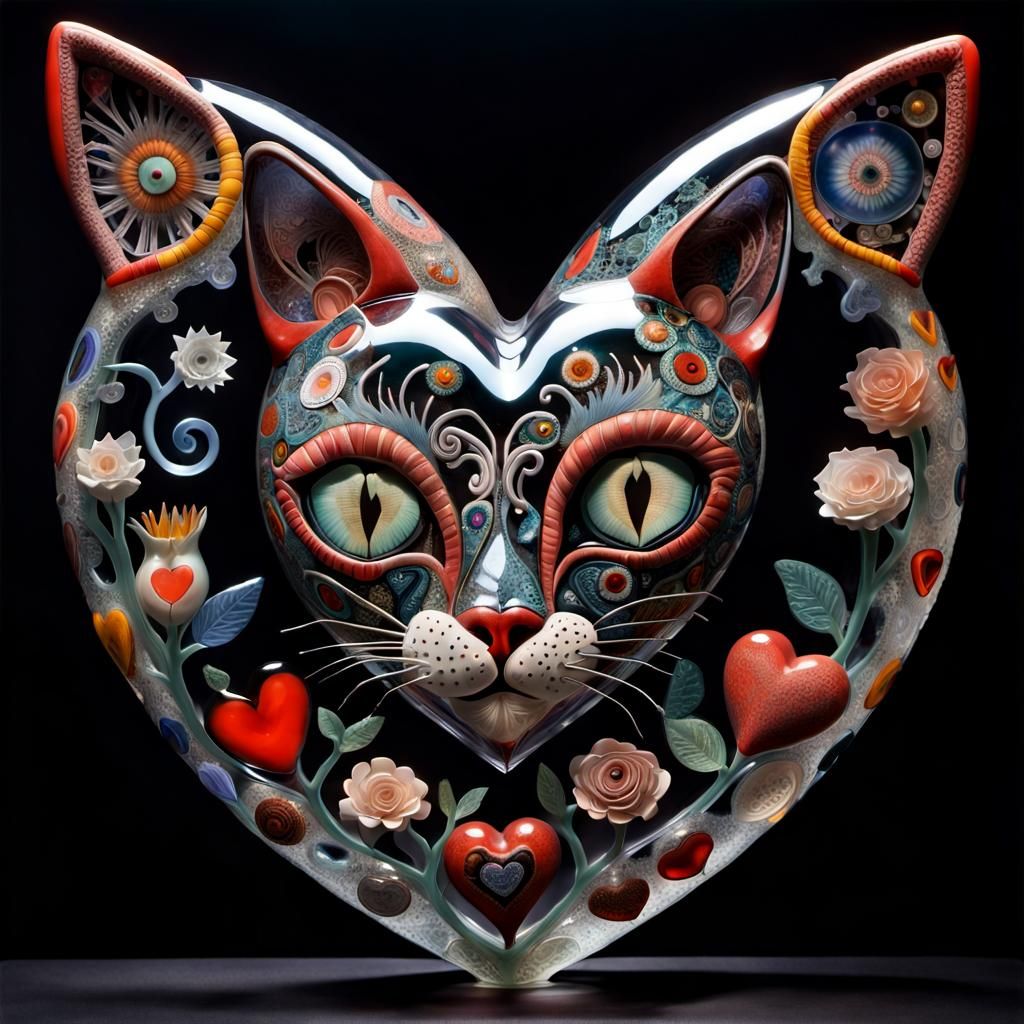 Glass Heart with Cats, Whimsical Outsider Art