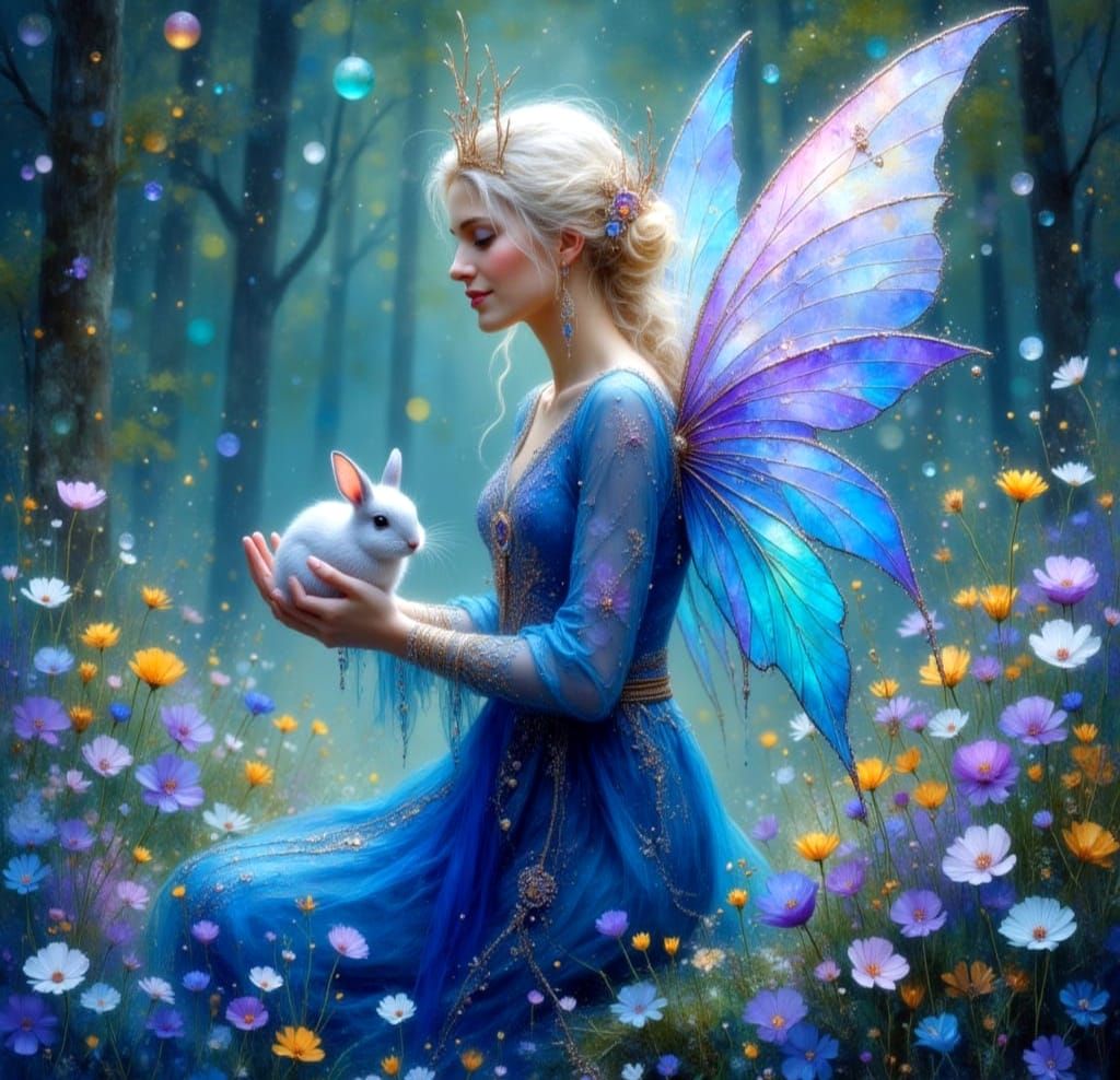Ethereal Fairy King with Winged Bunny, Impasto Painting