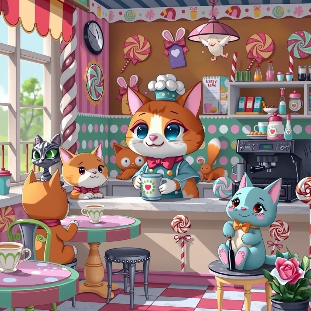 Cartoon Cat Barista in Candy Cafe: Whimsical Art