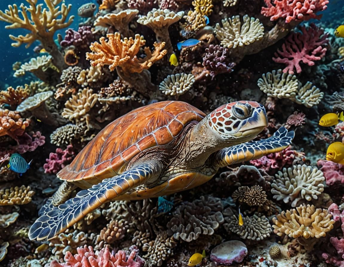 Colorful Coral Reef Macro Photography with Sea Turtle