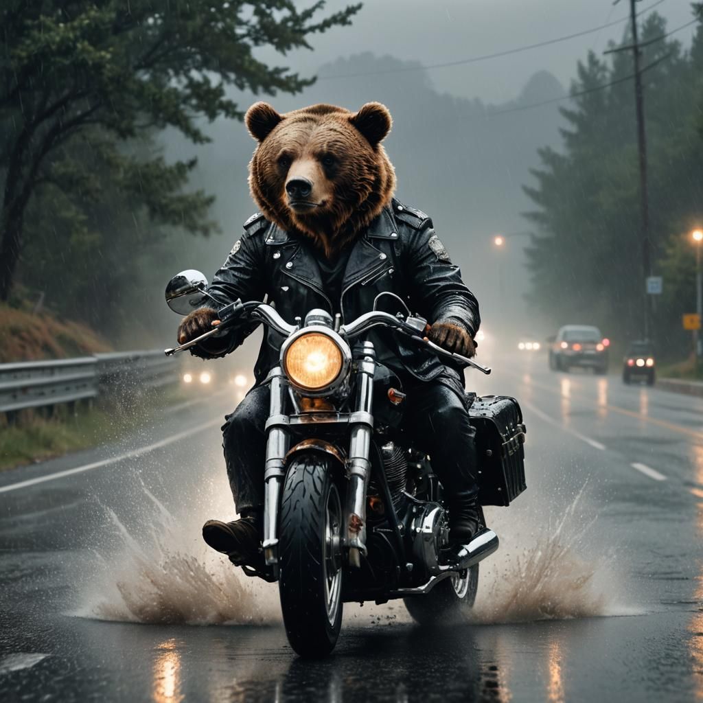 Bear on Motorcycle: Hyper-Realistic Cinematic Photo