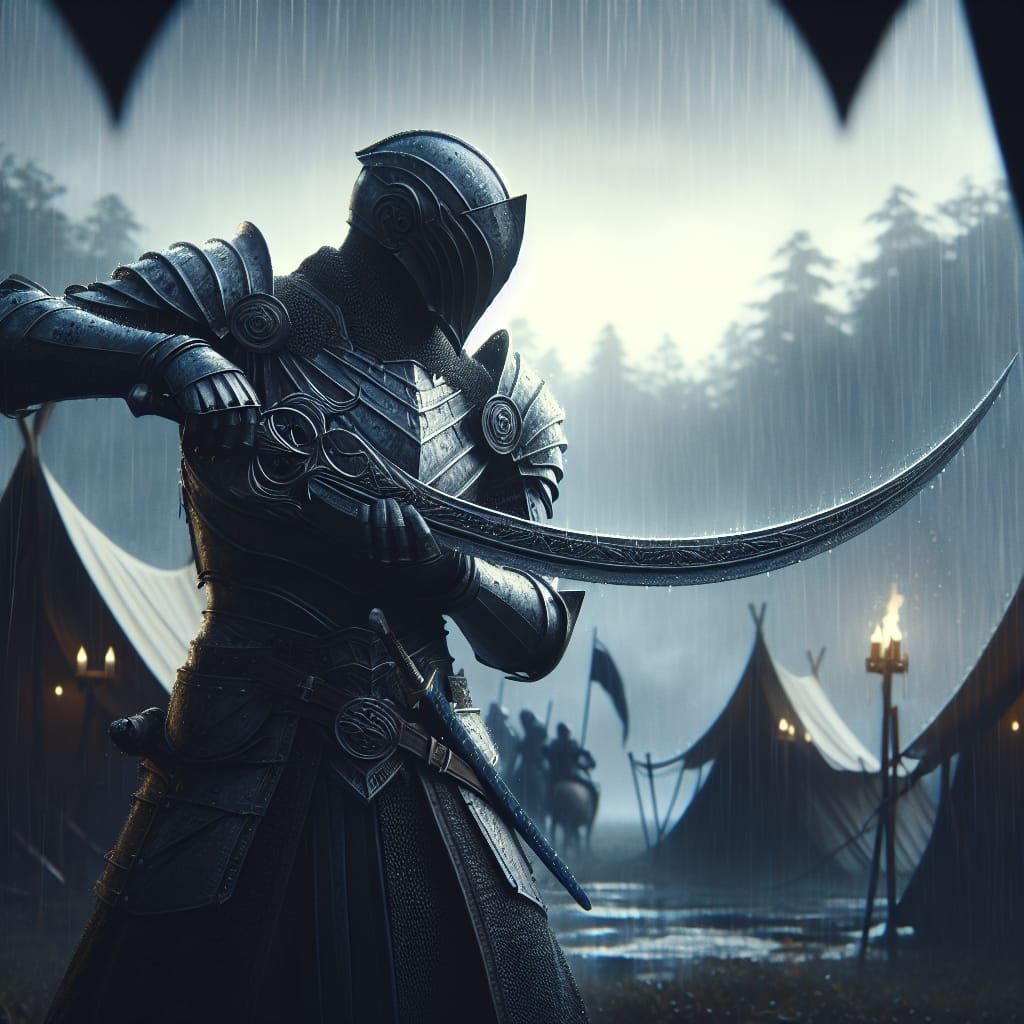 Armored Warrior with Sword in Rainy Setting