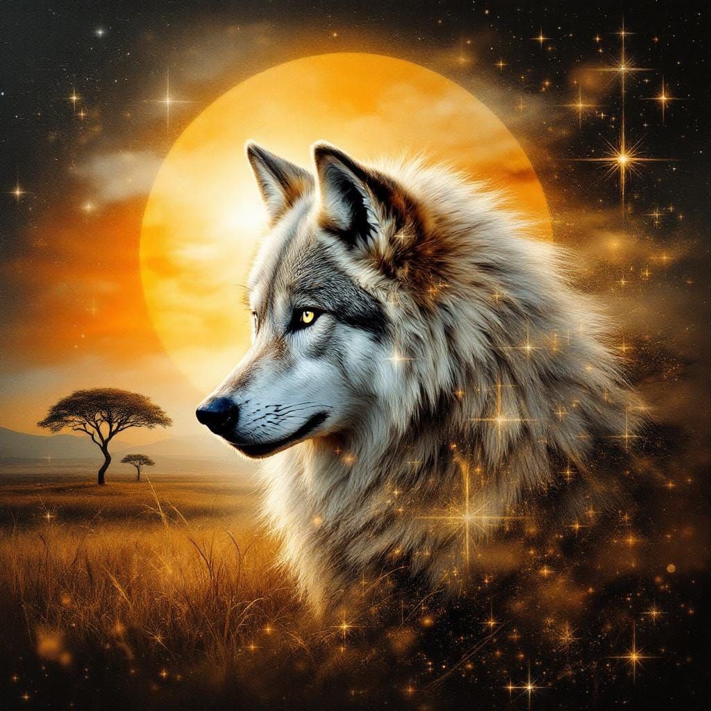 Realistic Wolf in Savanna Sunset Airbrush Art
