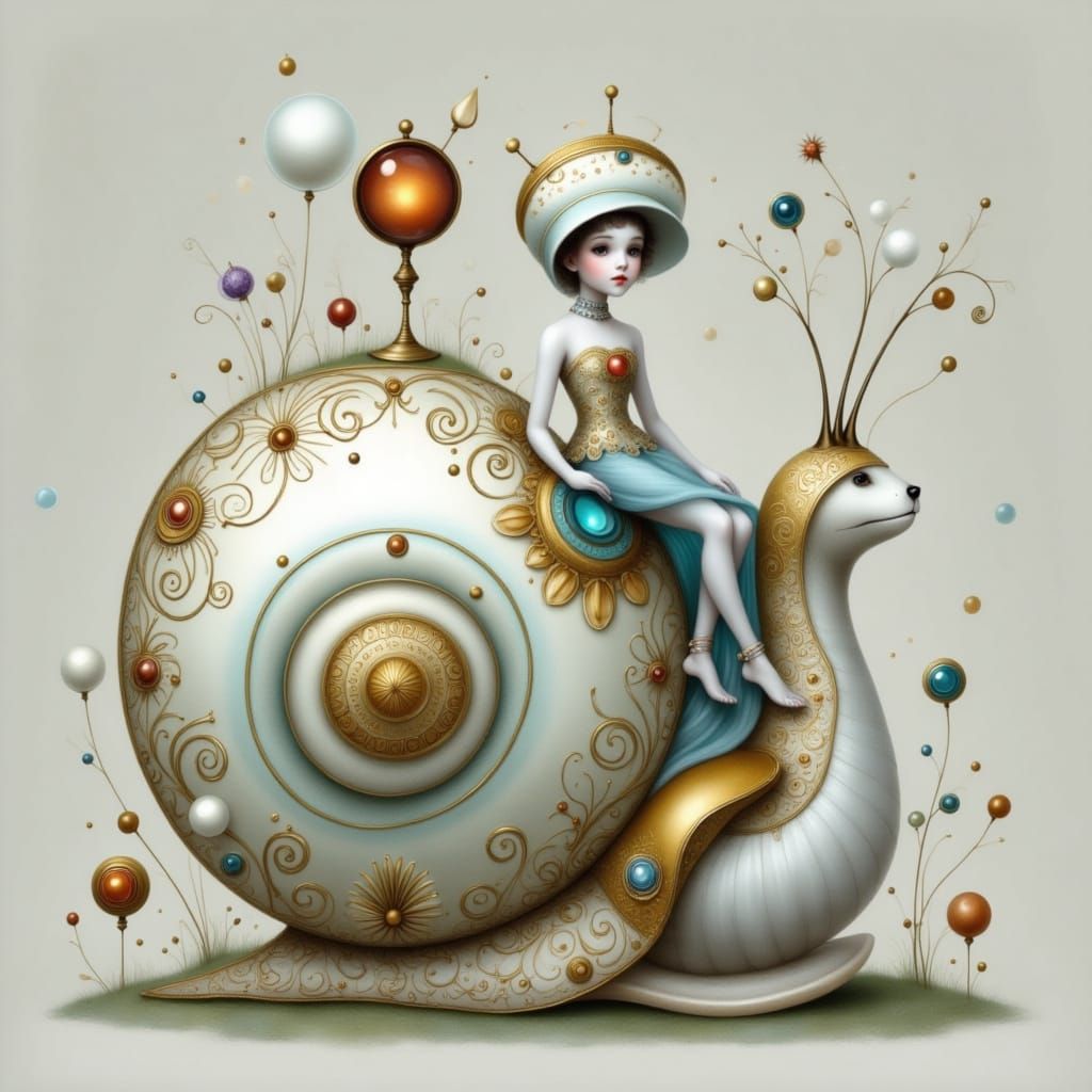 Child and Snail in Cute Pop Surreal Style