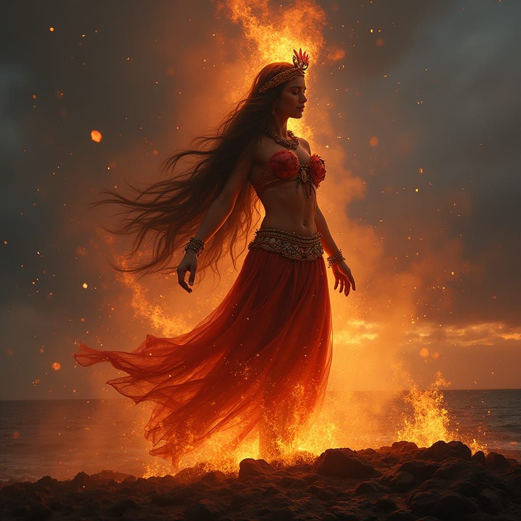 Surreal Goddess of Volcanoes in Traditional Hawaiian Style