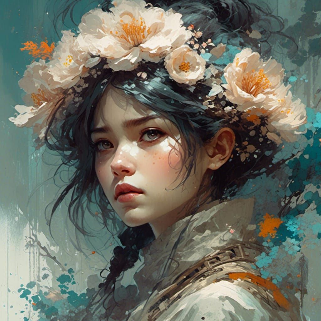 Japanese Blossoms in Digital Pointillism Style