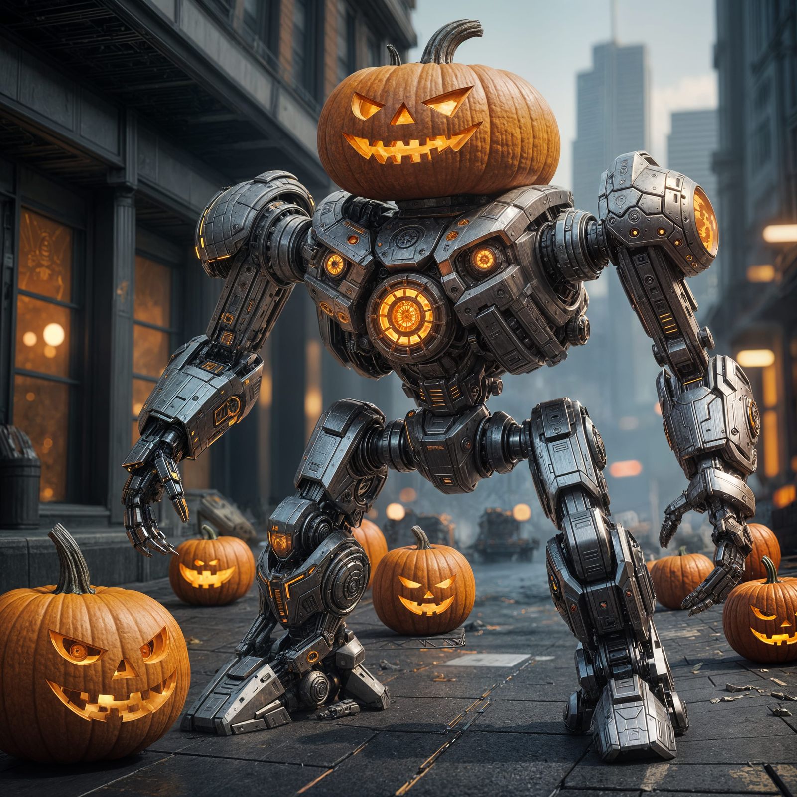 Futuristic Pumpkin Jack with Intricate Mech Details