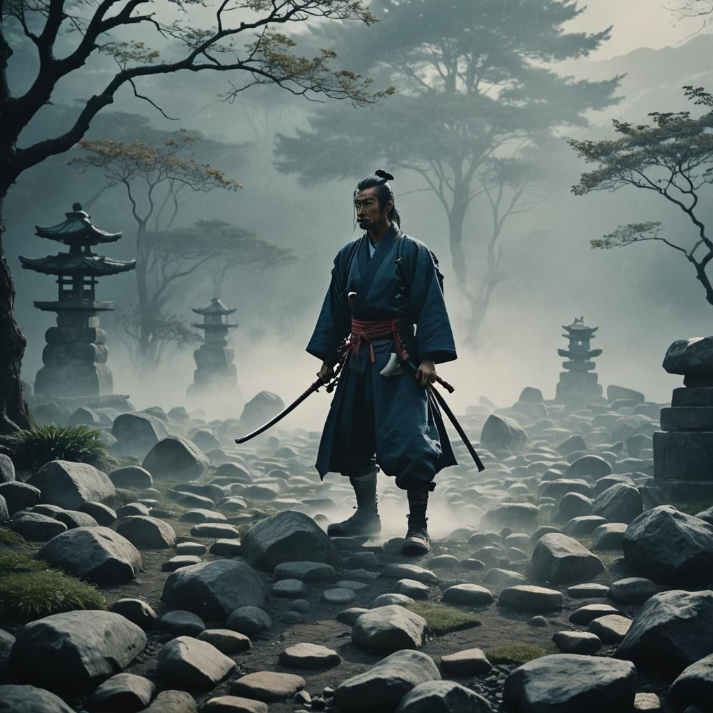 Samurai in Misty Garden with Katana
