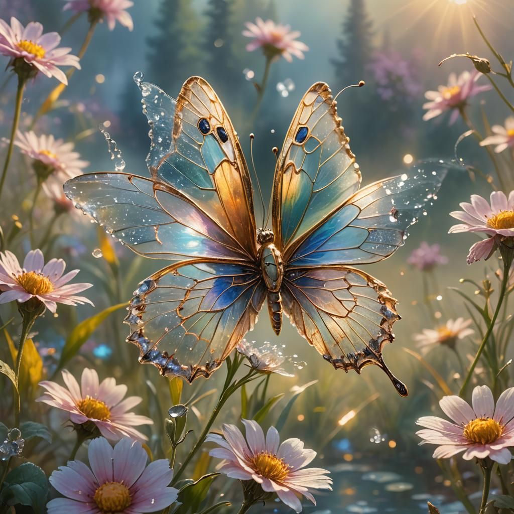 Butterfly with Crystal Wings in Ethereal Lakeside Scene