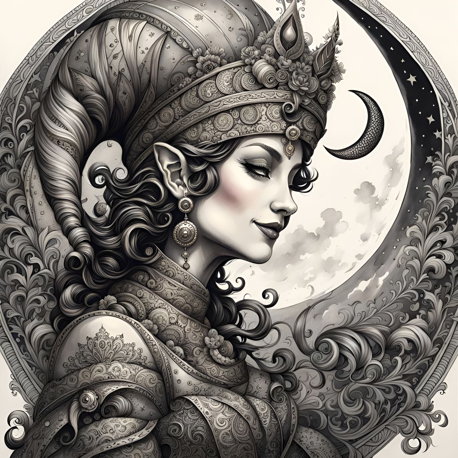 Laughing Jester Crescent Moon in Ink Painting Style