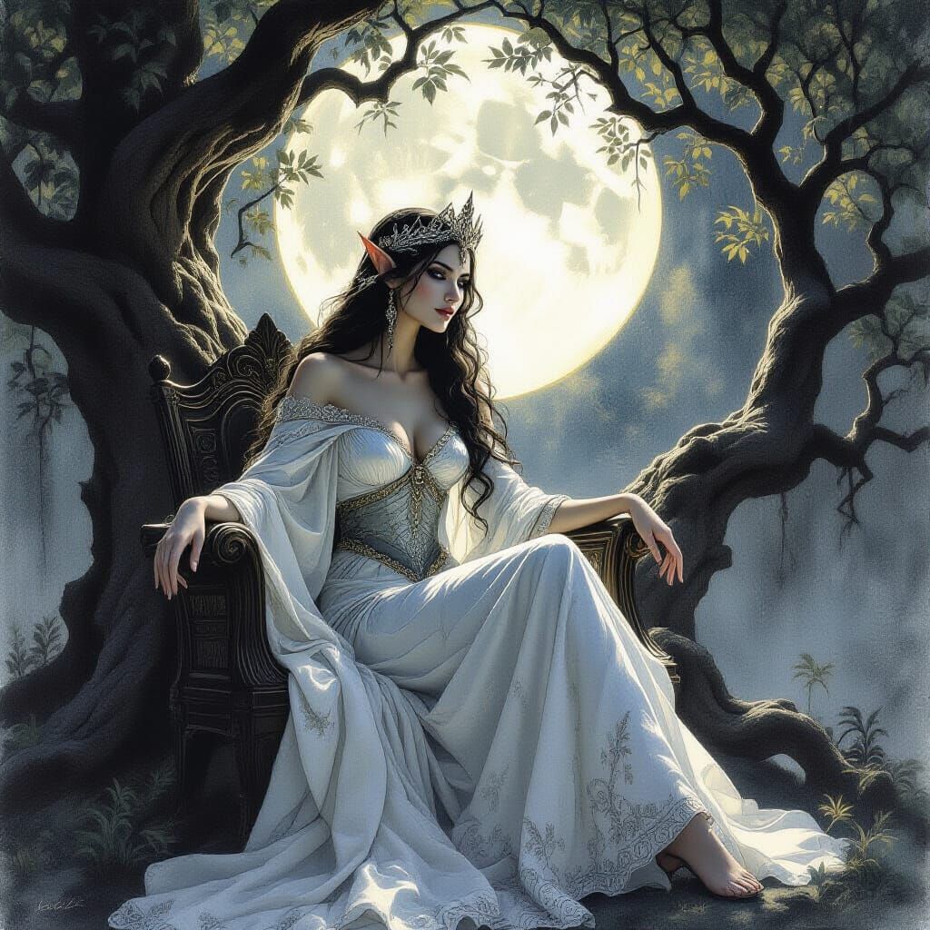 Elven Queen in Moonlit Canopy, Charcoal Drawing