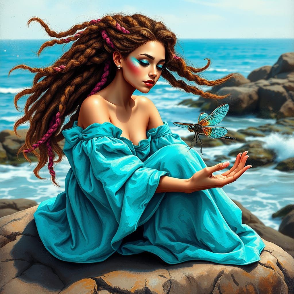 Whimsical Ocean Goddess with Turquoise Makeup and Dragonfly