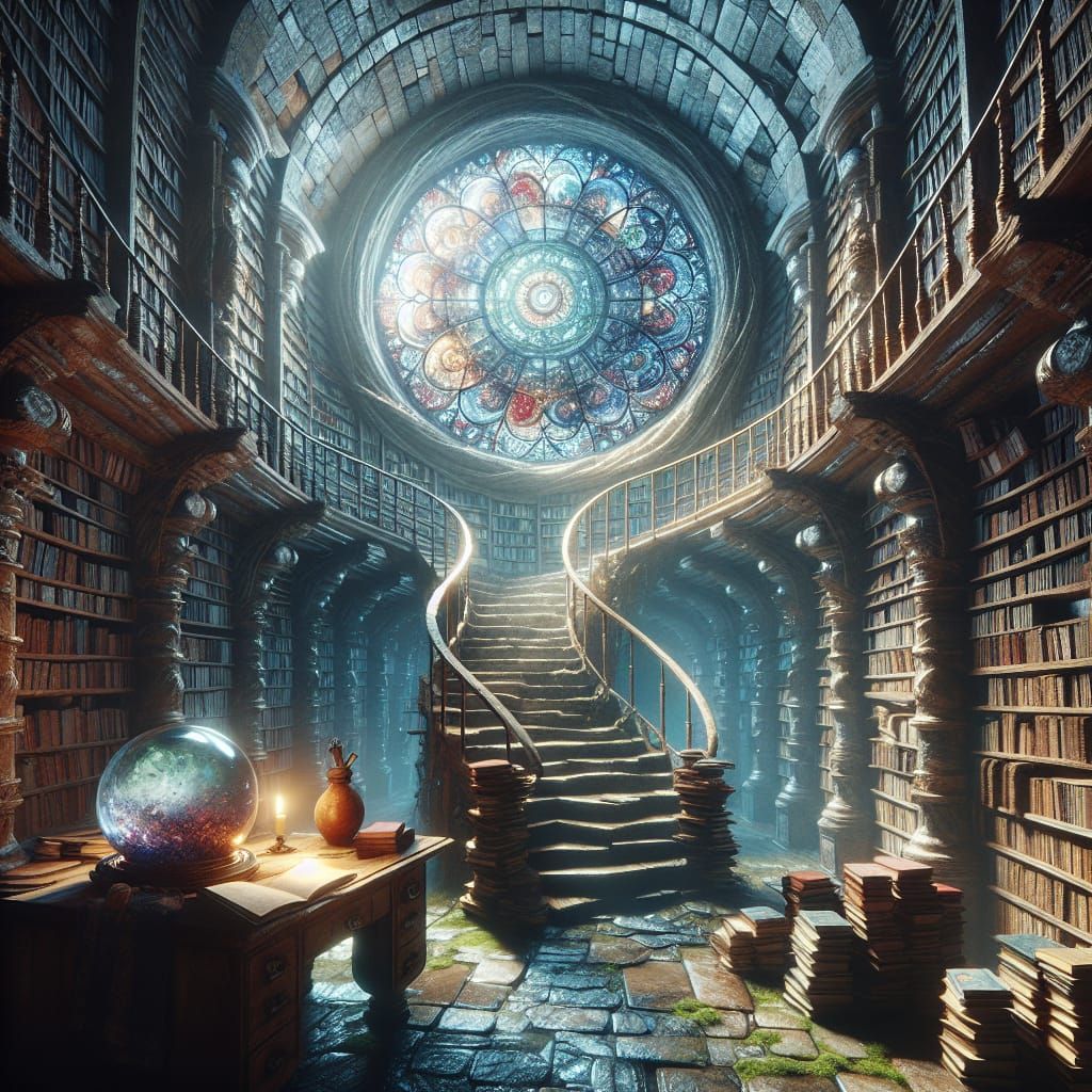 Enchanting Underground Library with Crystal Ball, as Concept...