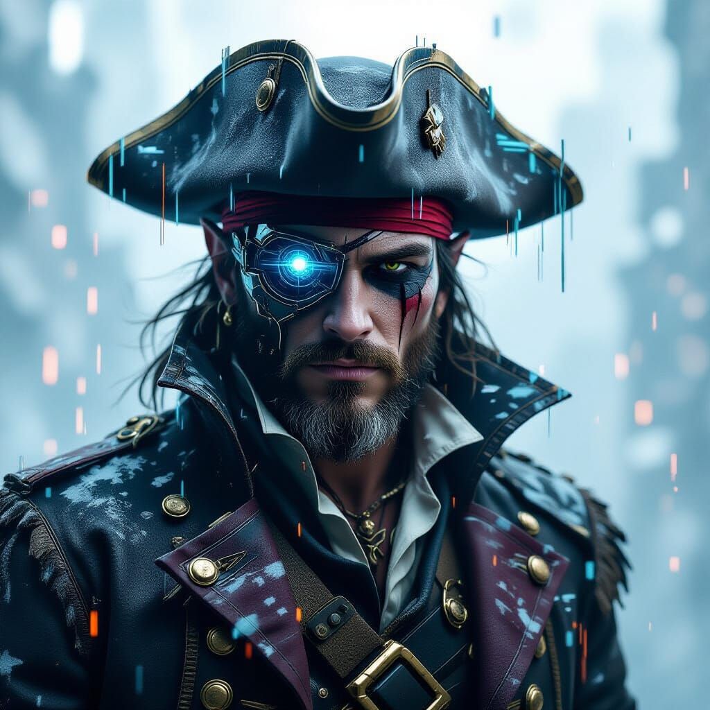 Elven Pirate Captain in Glitch Art Style