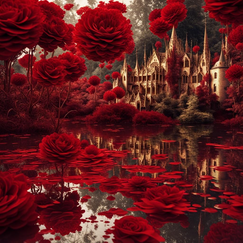 The red Queen of hearts tilt shift angular sublime playing Monet art tilt shift angular flowery medieval  landscape  dou...