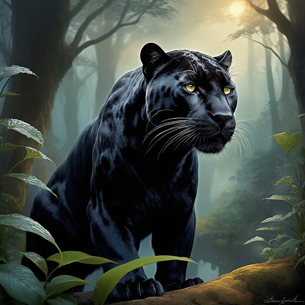 Majestic Black Panther in Ethereal Fantasy Landscape