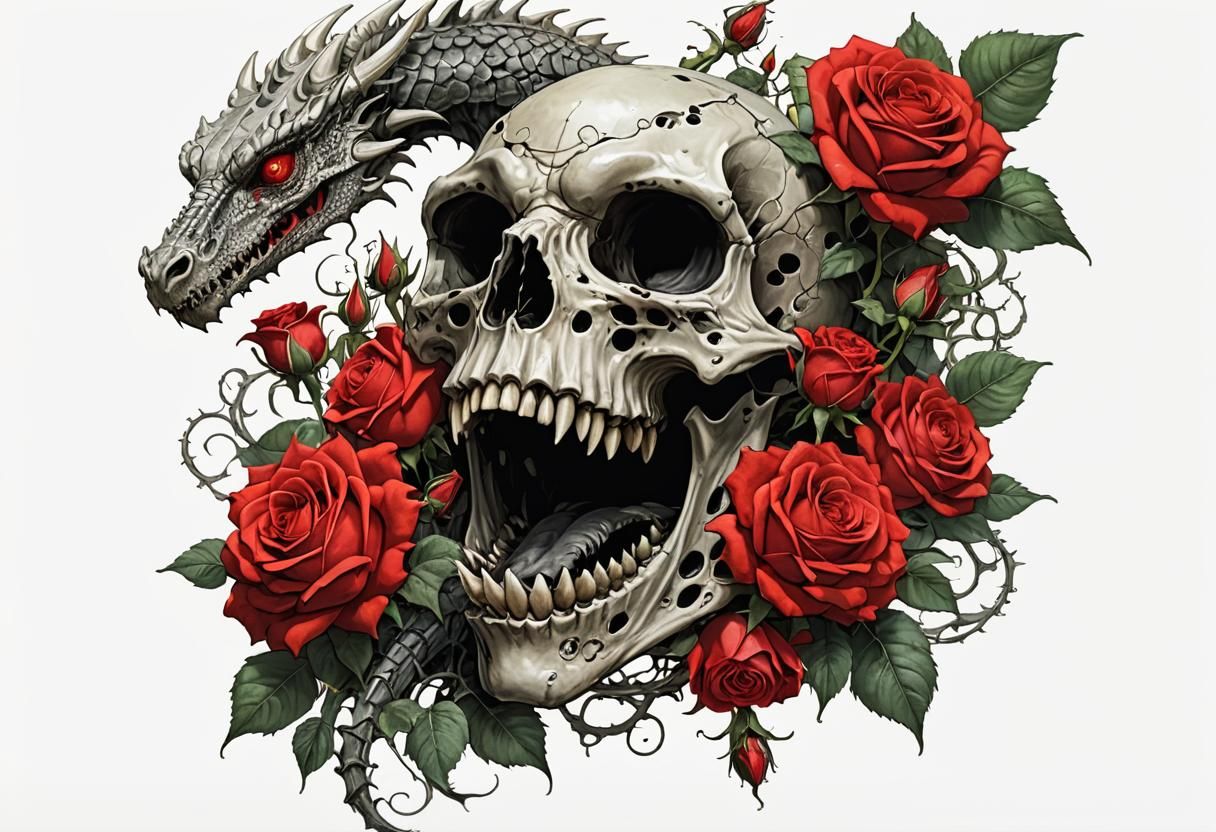 Dragon Skeleton and Red Roses Gothic Art