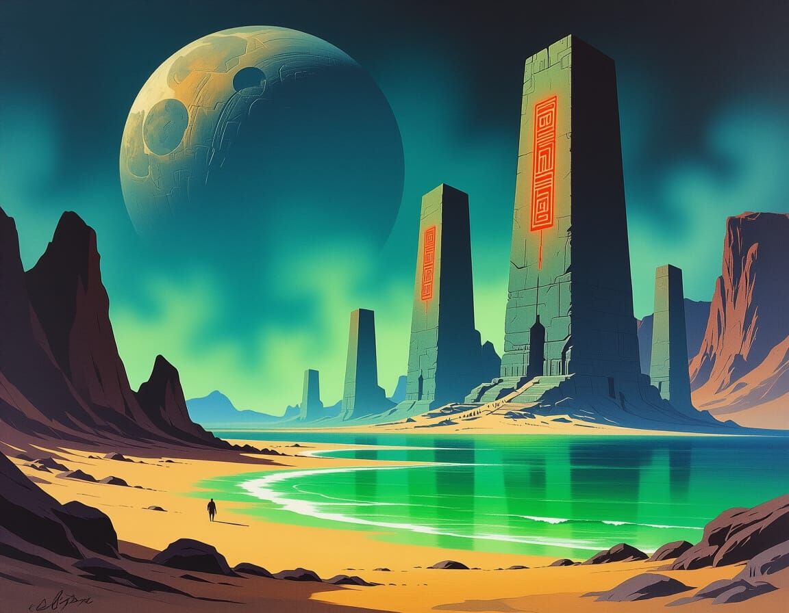 Desolate Planet with Monoliths: Gouache Impressionist Master...
