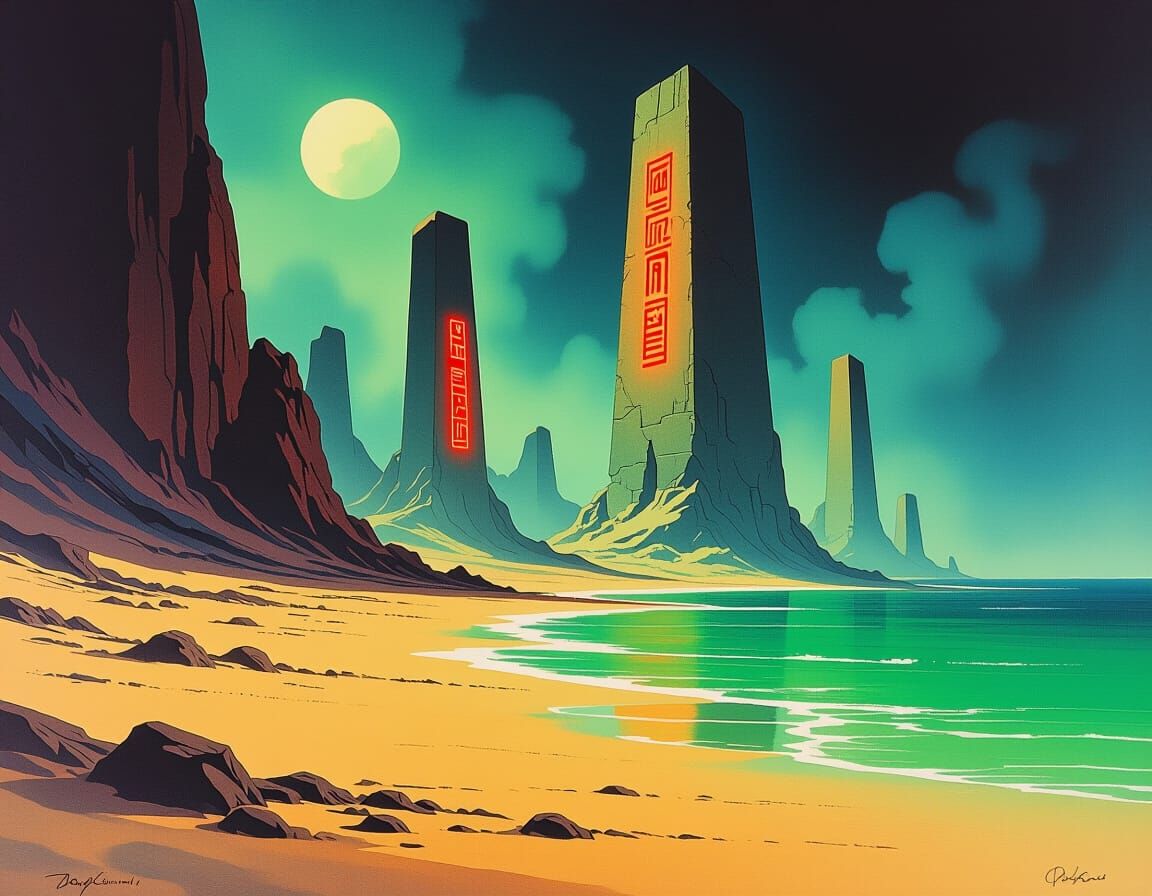 Desolate Planet with Monoliths in Gouache Style