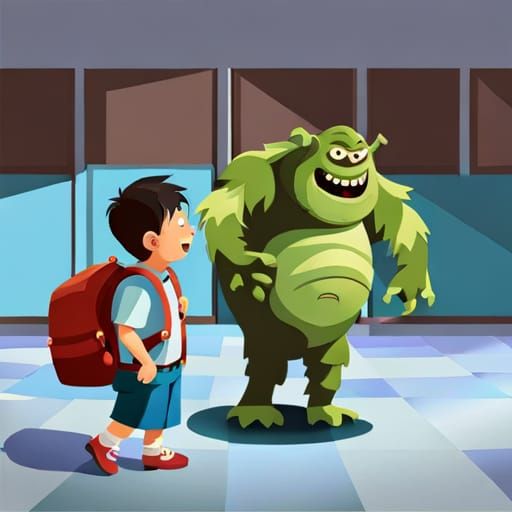 nervous little ghoul with a backpack, a big ogre trying to fit into a classroom