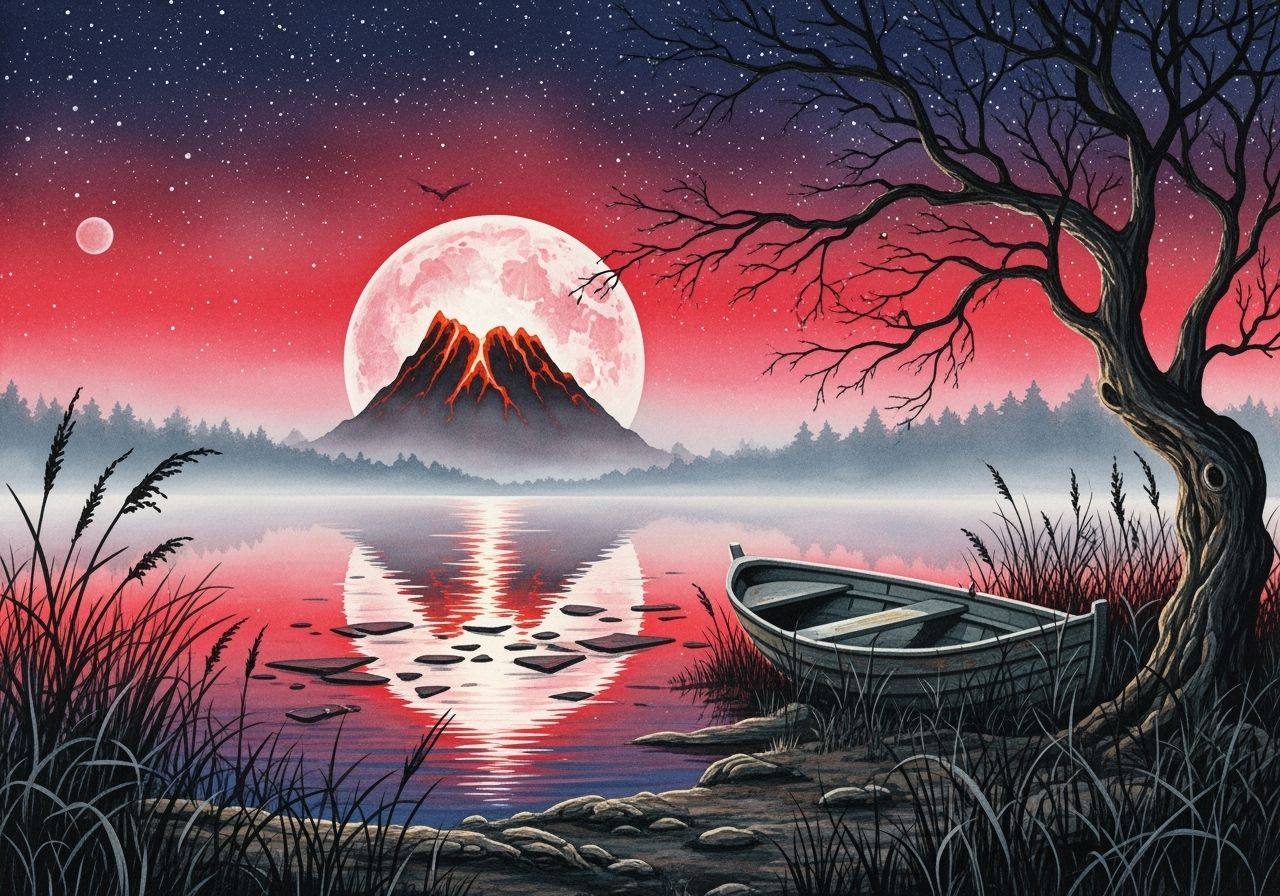 Volcanic Moon Glow Over Still Lake