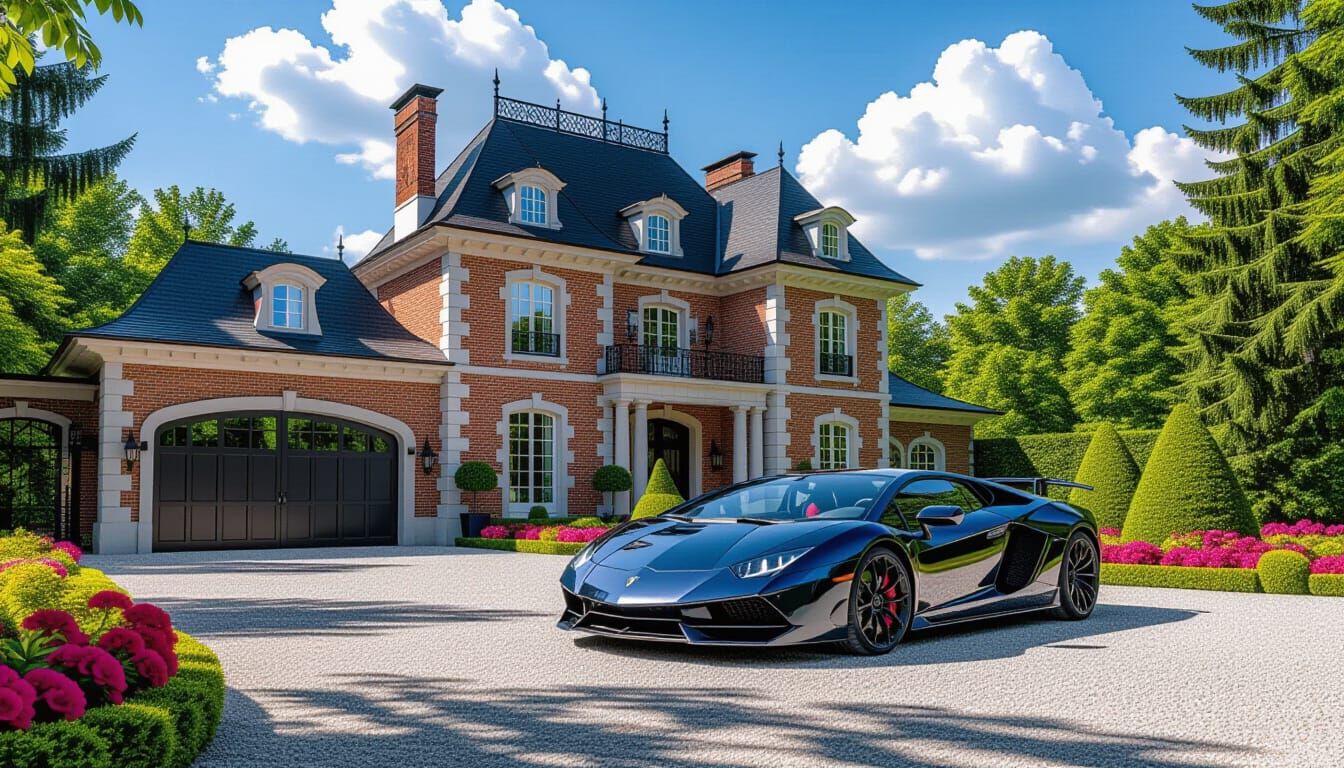 Brick Chateau with Lamborghini in Vibrant Garden