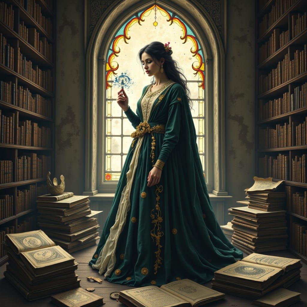 Regal Queen in Ancient Library, Bright Gothic Style