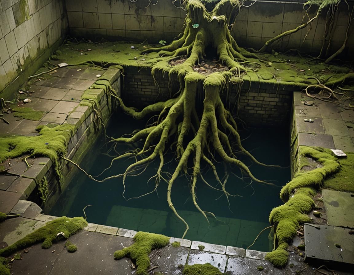 Eerie Underground Swimming Pool with Shadow Creature