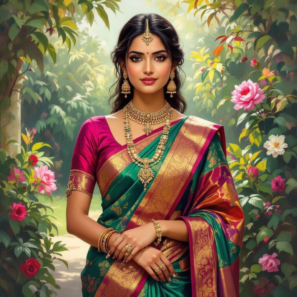 Elegant Indian Woman in Garden, Impressionistic Style