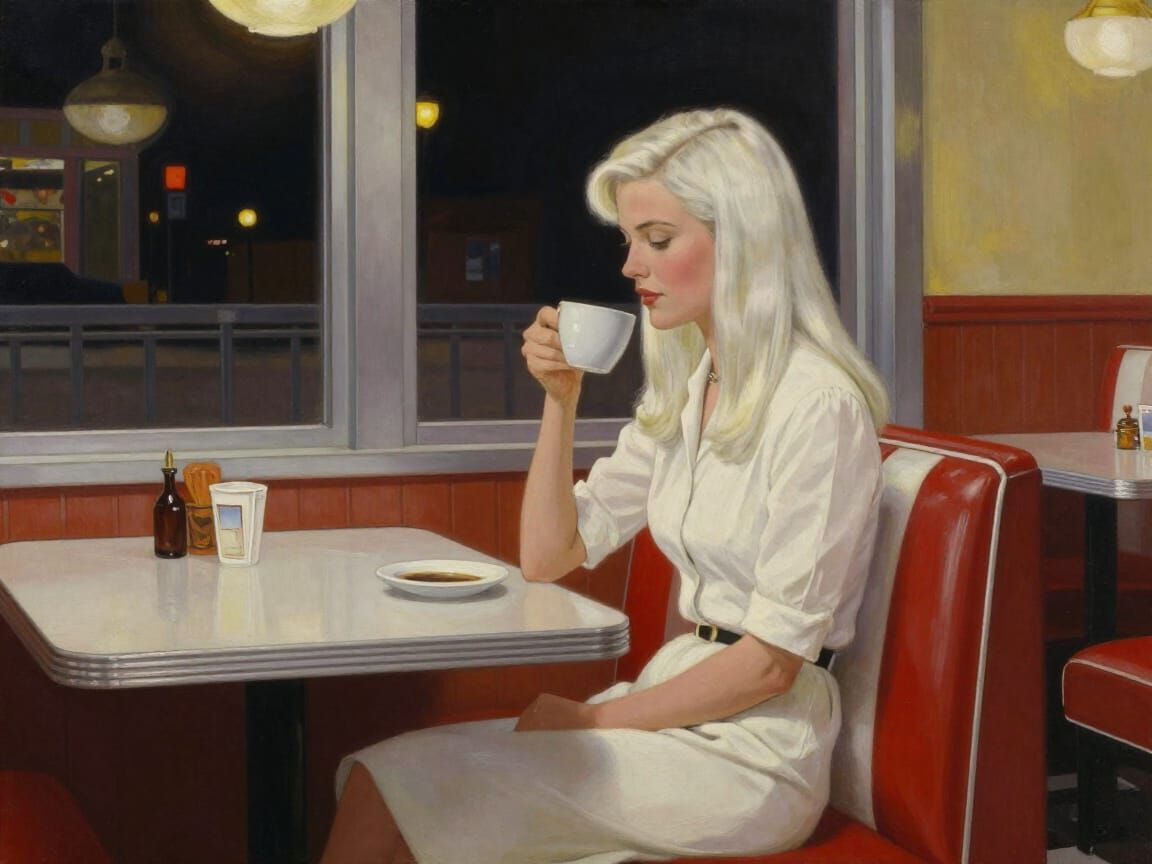 Norman Rockwell Style Diner Scene with Woman and Coffee