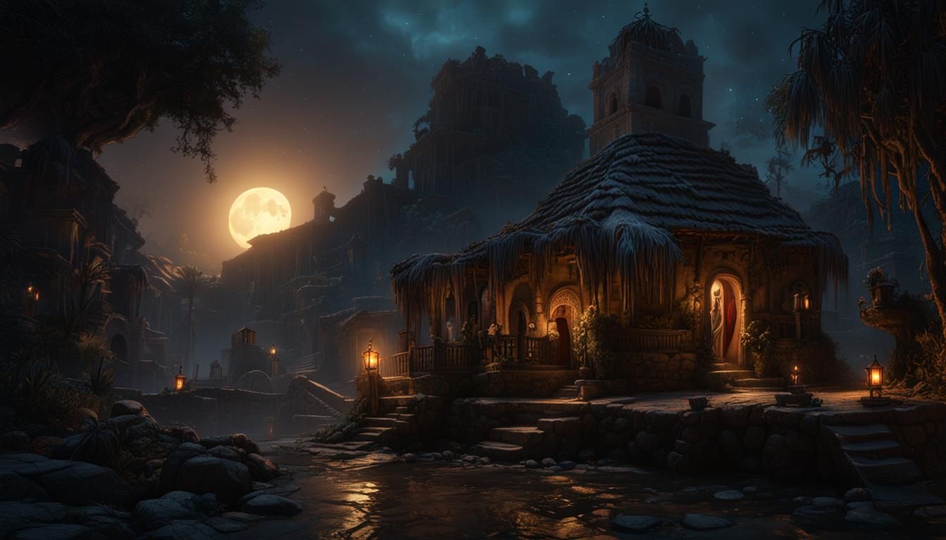 "La Llorona" floats transparently through an ancient Mexican village at night in the moonlight a masterpiece, 8k resolut...