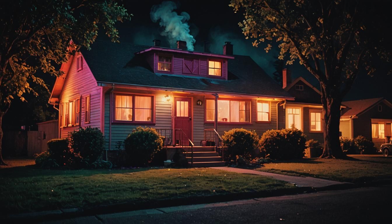1970s House Exterior at Night: Cinematic Film Still