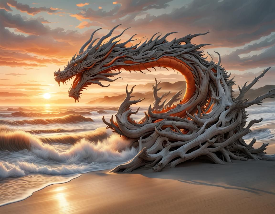Driftwood Dragon at Sunrise in Japanese Style