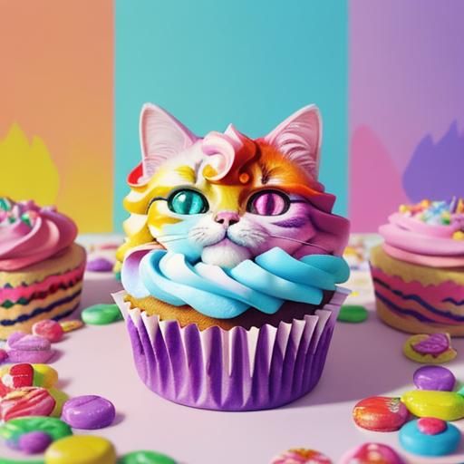 Candy Art Cat Cupcake: Hyperrealistic Digital Illustration