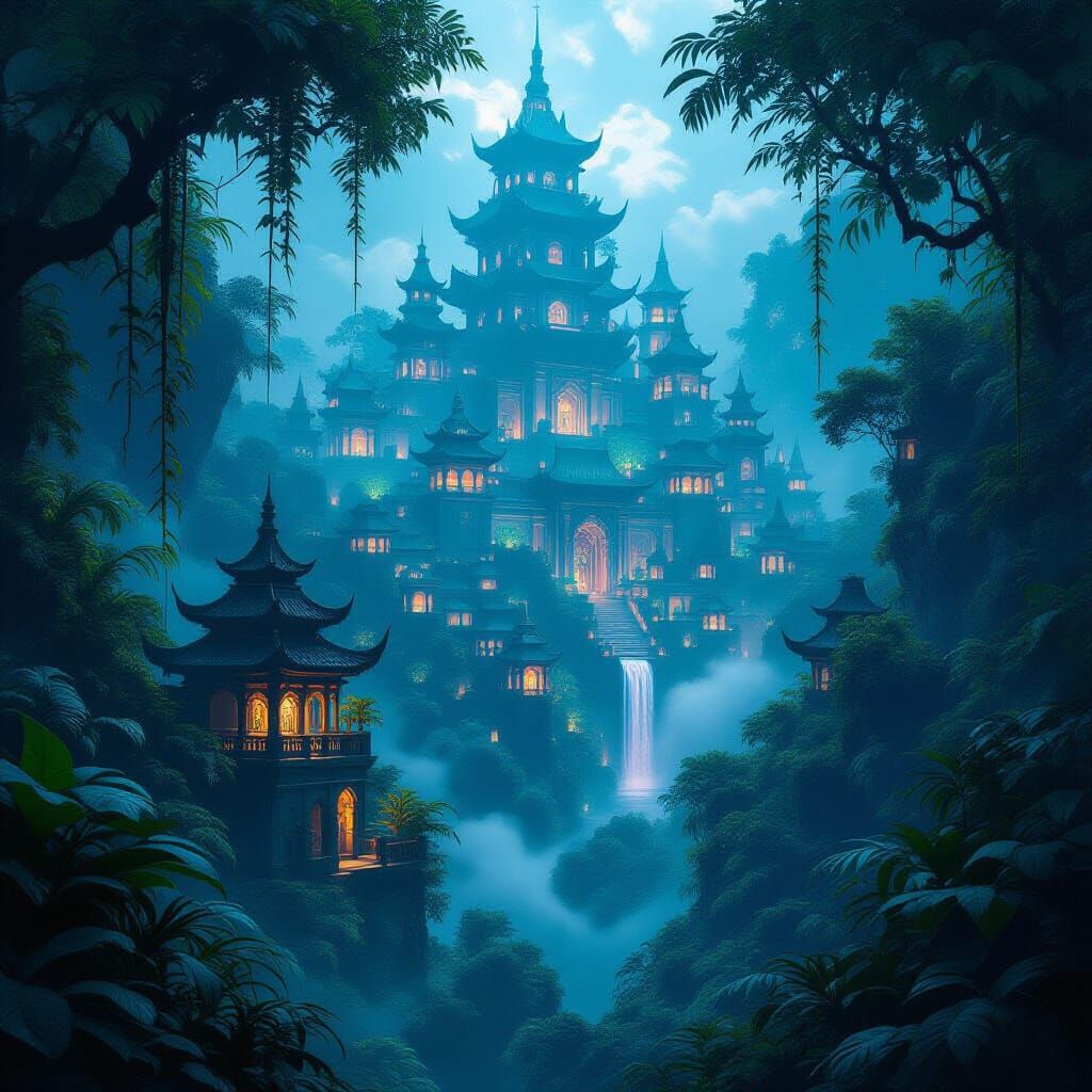 Jungle City Illuminated by Ancient Light in Matte Painting S...
