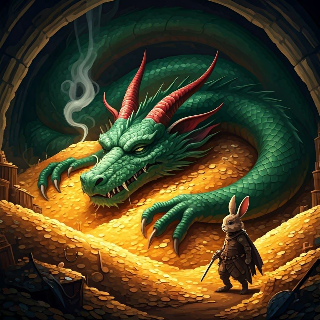 Green Dragon Asleep on Gold Treasure, Vector Fractal Art