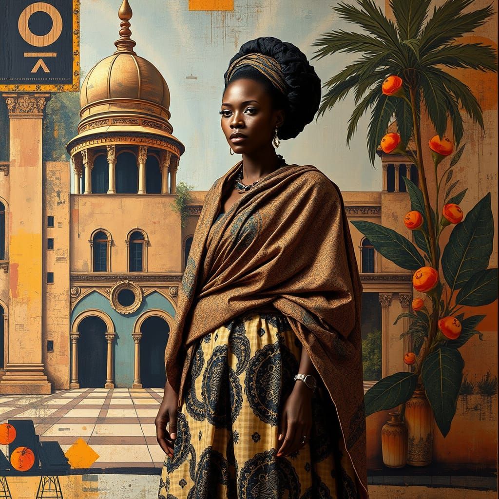 Elegant Lady in Layered, Mixed-Media Masterpiece