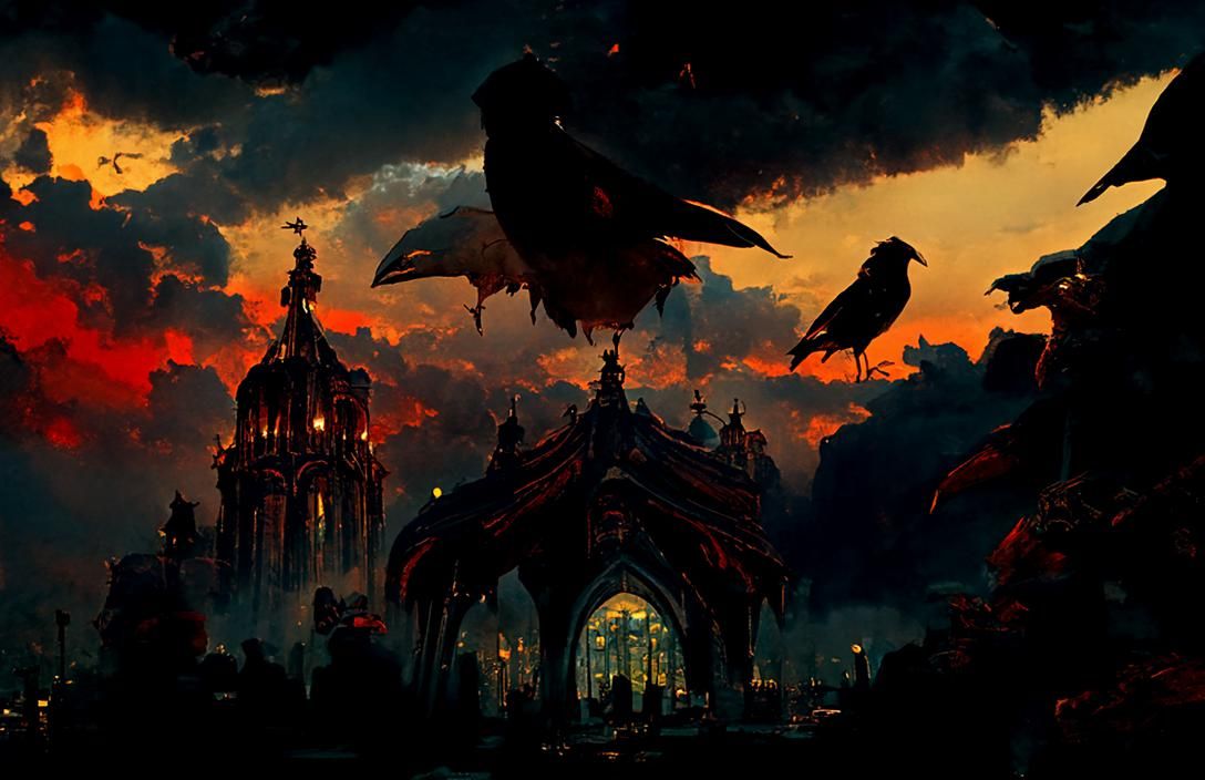 Dramatic Crow Cathedral at Dusk in Gothic Style
