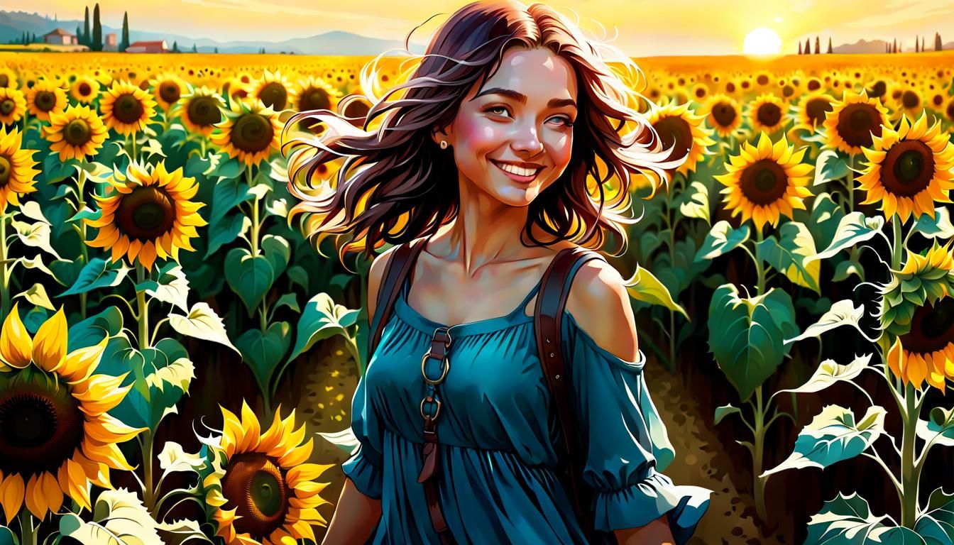 Girl in Italian Sunflower Field: Hyperdetailed Splash Art