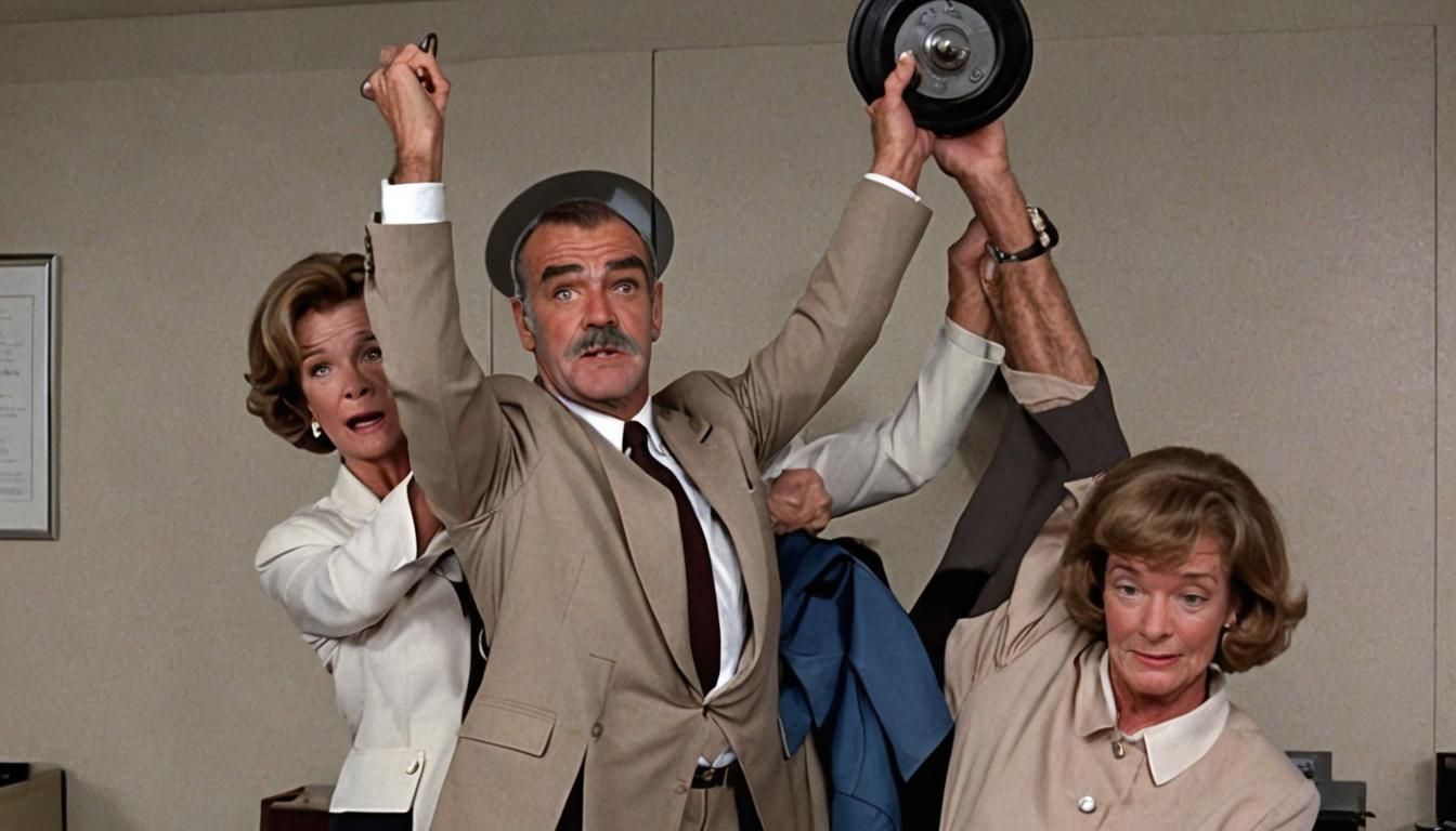 Miss Moneypenny Lifts James Bond: 1980s Film Still