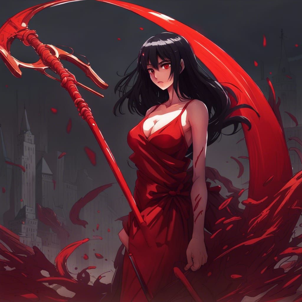 Anime Grim Reaper in Red Dress with Scythe