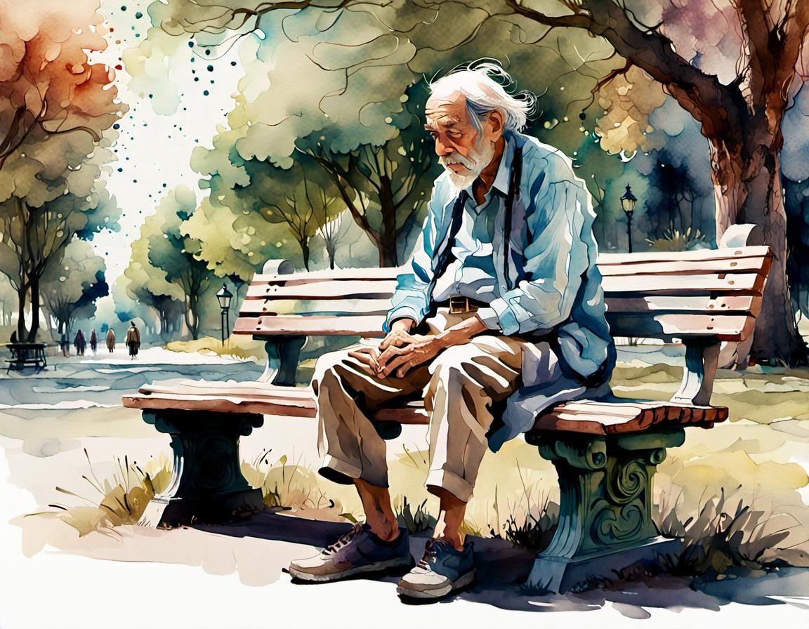 Old Man in Empty Park: Digital Watercolor Illustration