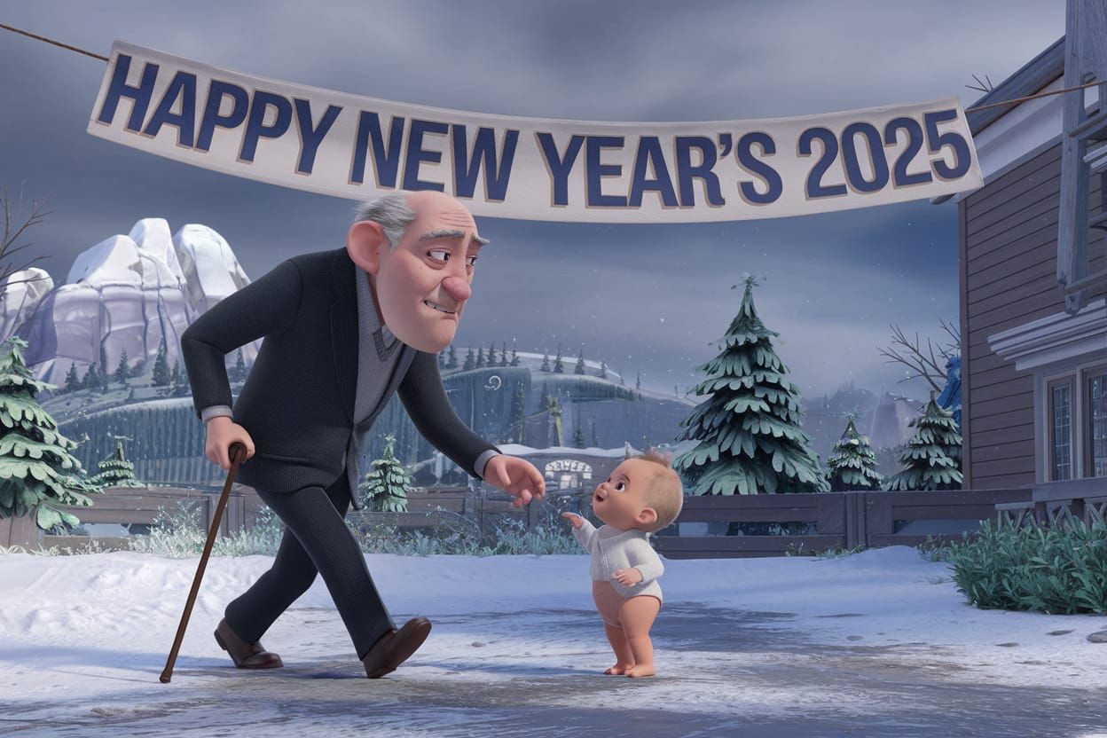 Old Man Celebrates New Year's with Baby in Charming Pixar-In...