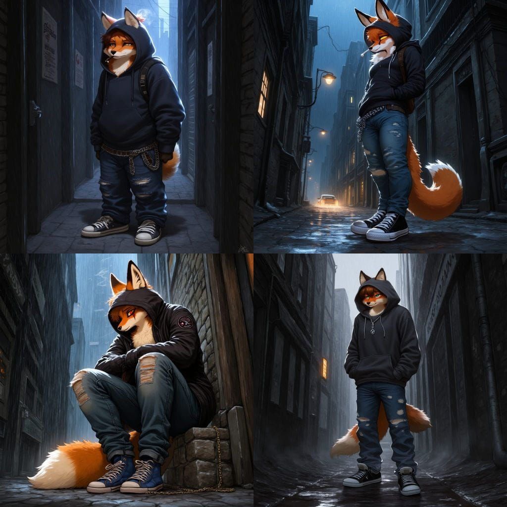 Sad Furry Fox in Rainy Alleyway
