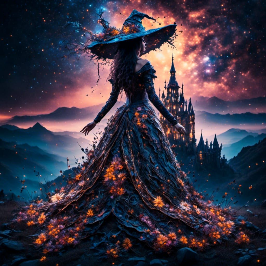 Sorceress Silhouette at Sunset in Hyperreal Style