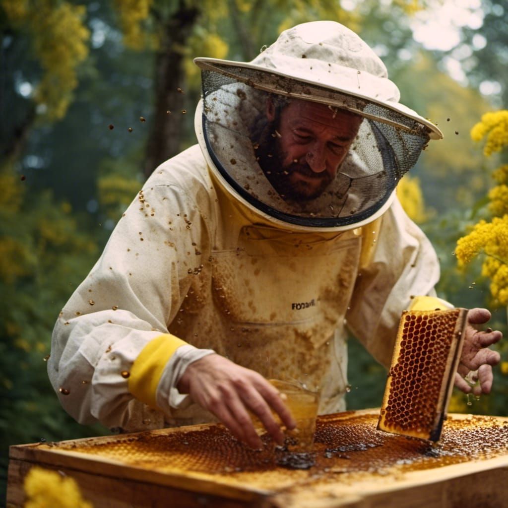 Beekeeper Harvesting Honey in Hyperrealistic Splash Art