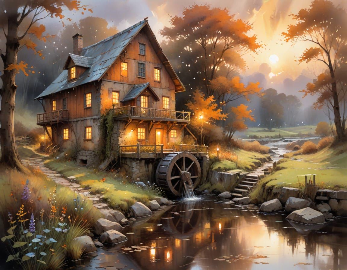 Mossy Watermill at Dusk with Glowing Lanterns